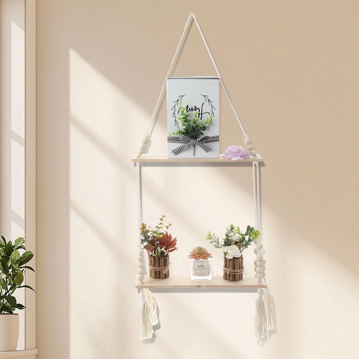 Chunful 2 Pack Macrame Wall Hanging Shelf 2-Tier Boho Wooden Display Floating Shelf Wooden Rustic Plant Rope Hanger Rack with Beads and Tassel for Wall Decor Bedroom Dorm Nursery Living Room Bathroom