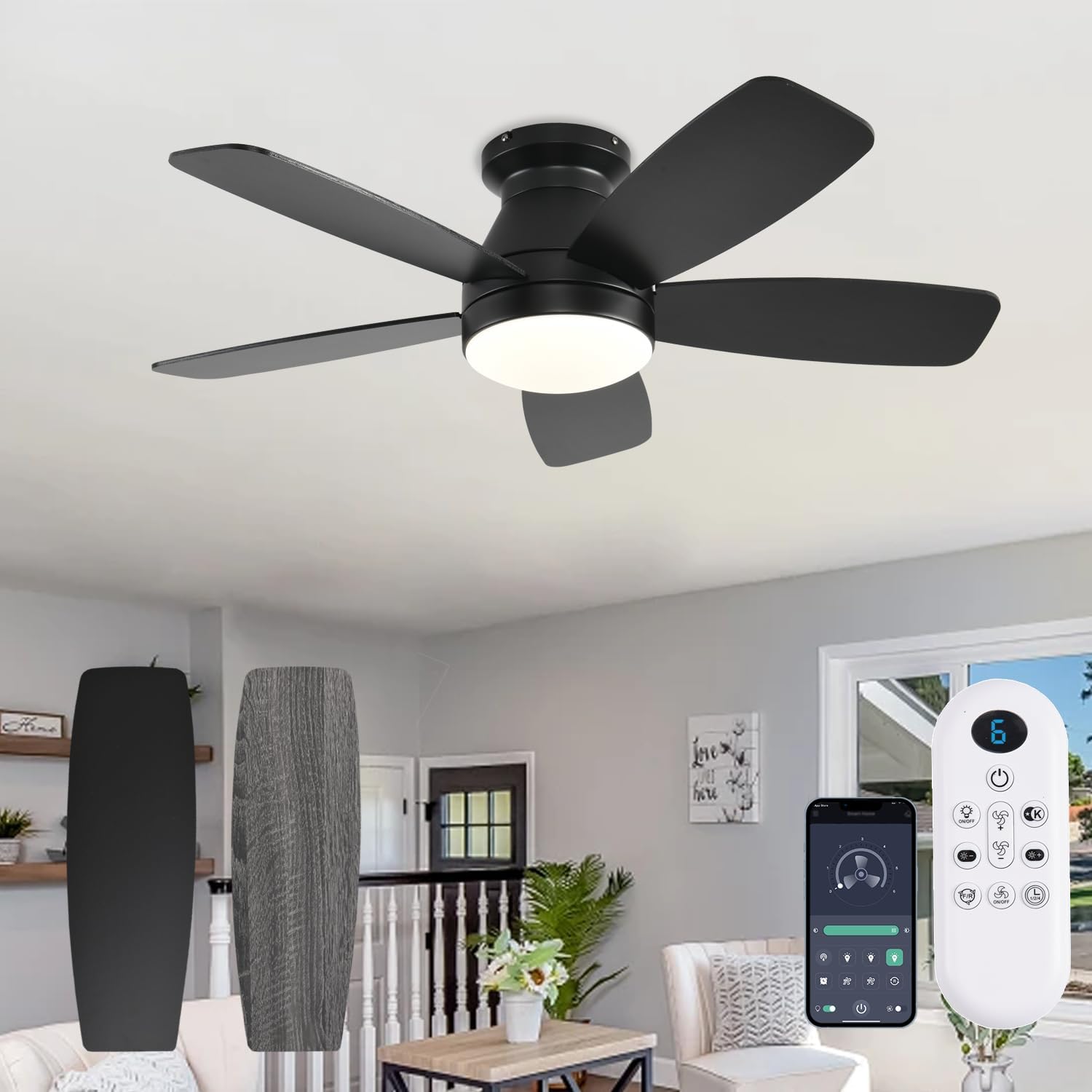 Ceiling Fans with Lights, 42 Inch Low Profile Ceiling Fan with Light and Remote Control, Flush Mount, Reversible, 3CCT, Dimmable, Noiseless, Black Ceiling Fan for Bedroom
