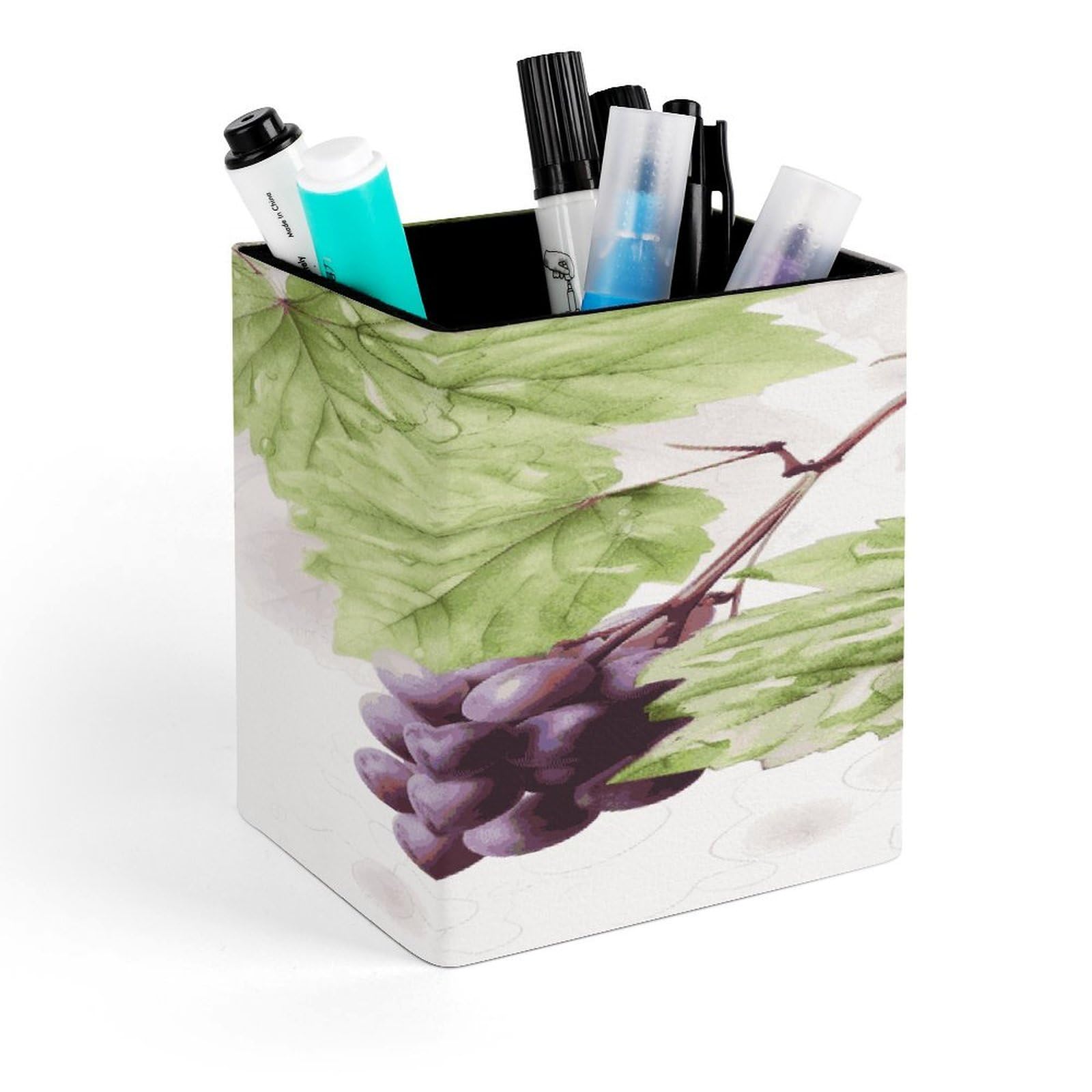 JTREHY Beautiful Grape Leaves Pen Holder Square Pen Pencil Holder Makeup Brush Holders Cup PU Leather Pencil Cups Desktop Caddy Stationery Organizer Case Office Accessories Container Box