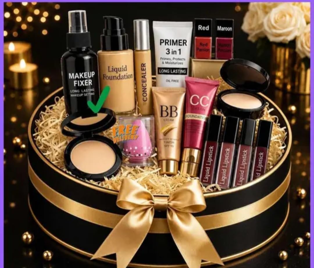 complete makeup kit gift set with foundation, primer, bb cream | 12-piece collection, includes beauty blender, liquid lipsticks, cc cream & concealer, long lasting formula