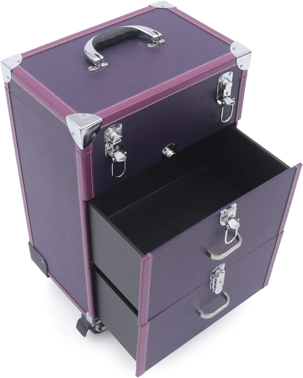 DONSU 3-Tier Rolling Makeup Train Case Large Storage Cosmetic Trolley, Salon Nail Polish Storage Box Jewelry Organizer Cosmetics Traveling Cart Trunk (Purple)