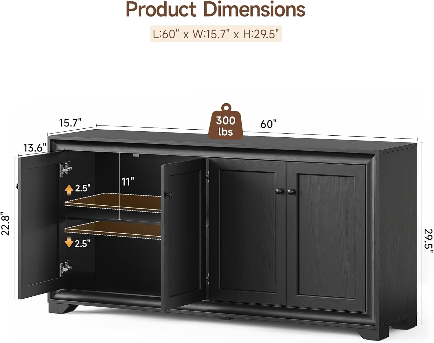 ONBRILL 60" Buffet Cabinet with Storage, 4 Doors Sideboard Buffet Cabinet with Adjustable Shelves, Modern Coffee Bar Console Table for Living Room, Kitchen, Entryway, Black