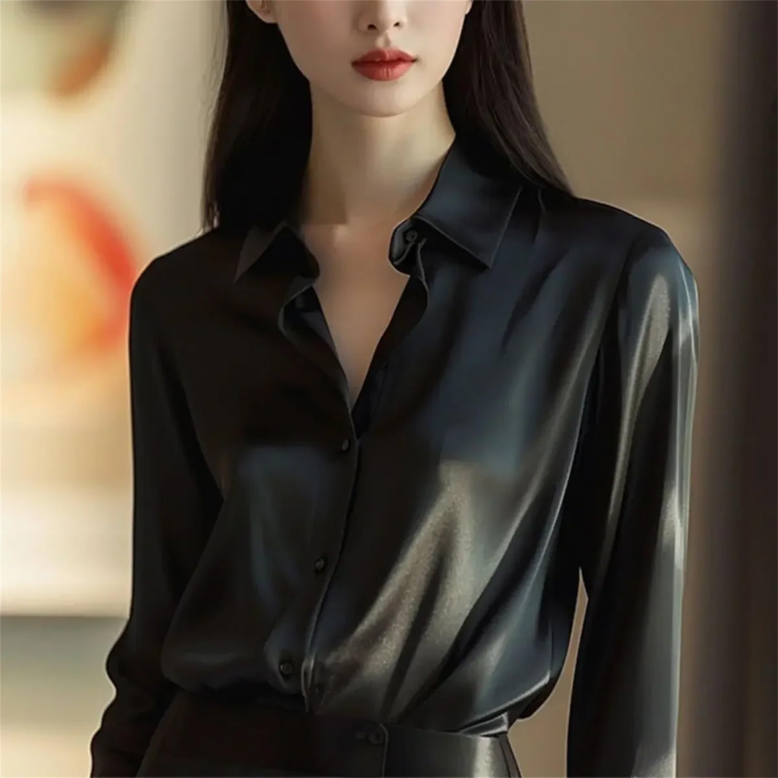 Camicie in raso da donna camicetta vintage a maniche lunghe con bottoni camicia da ufficio da donna maglietta casual da donna