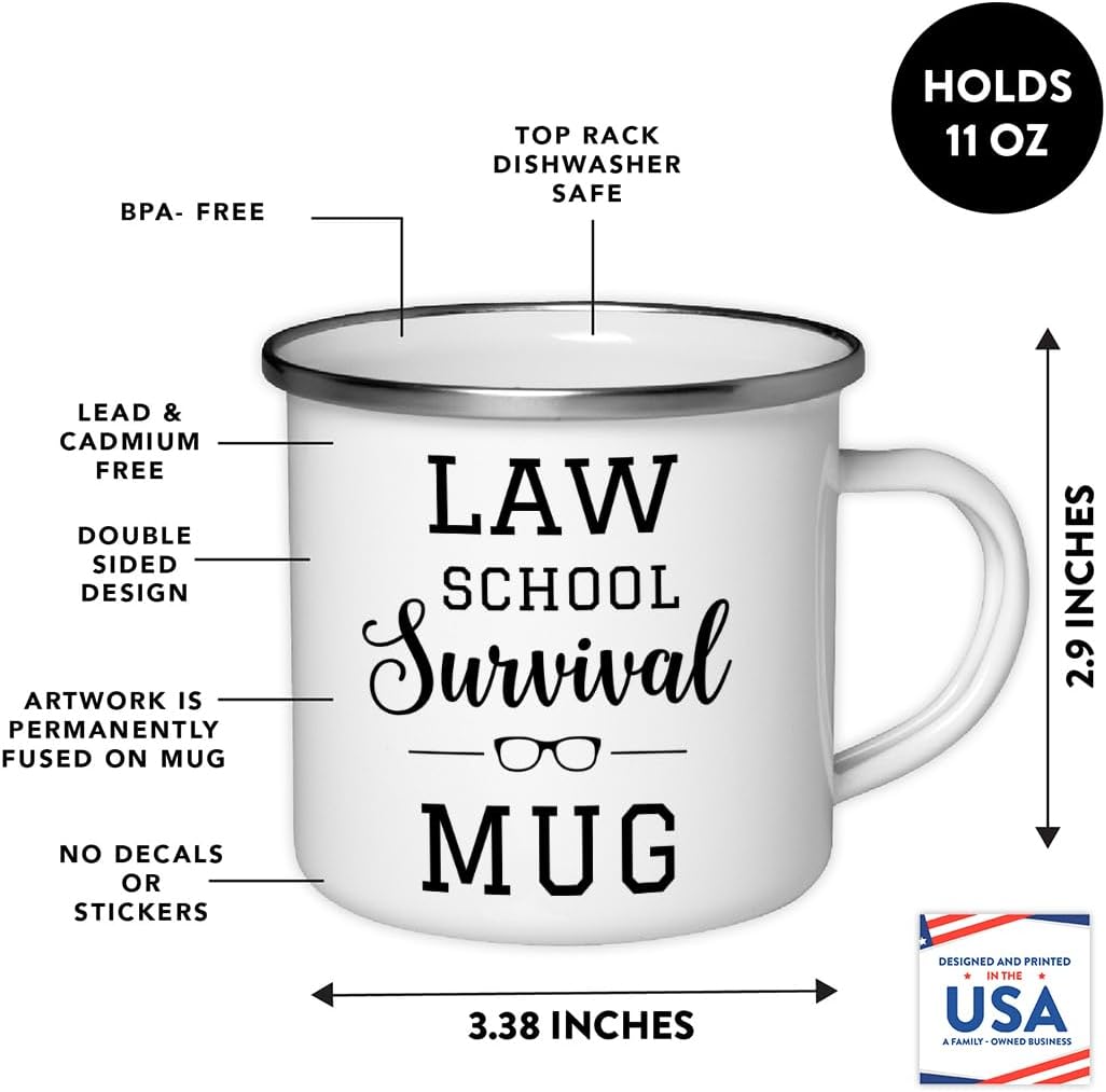 Andaz Press 11oz. Graduation Stainless Steel Campfire Coffee Mug Gift, Law School Survival Mug, 1-Pack, Includes Gift Box, Enamel Camping Cups for Graduates School Students of Class of 2025