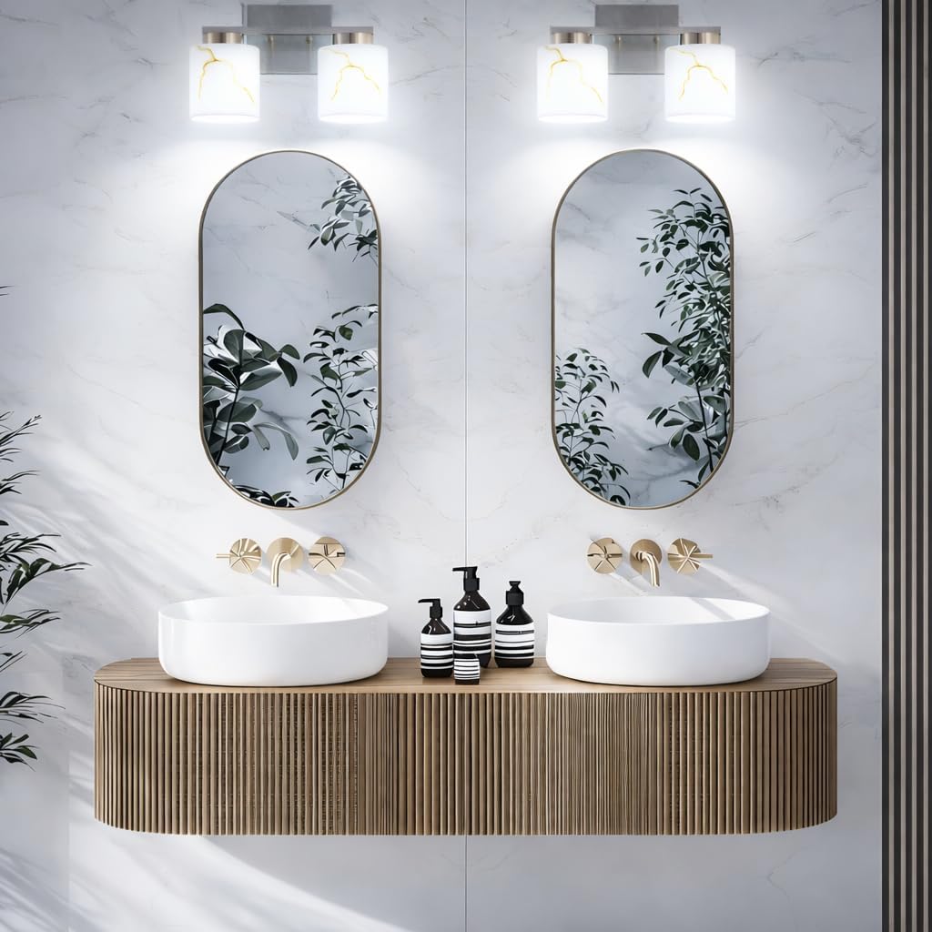Brushed Nickel Bathroom Light Fixtures,Modern 2-Light Bathroom Vanity Light Over Mirror with White Marble Glass Shade,Wall Sconces Lighting for Bedroom Cabinet Kitchen Living Room