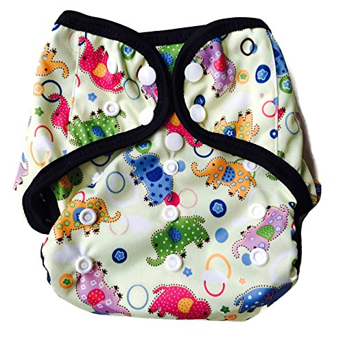 BB2 Baby One Size Printed Black Gussets Snaps Cloth Diaper Cover for Prefolds (One Size, Yellow Elephant)