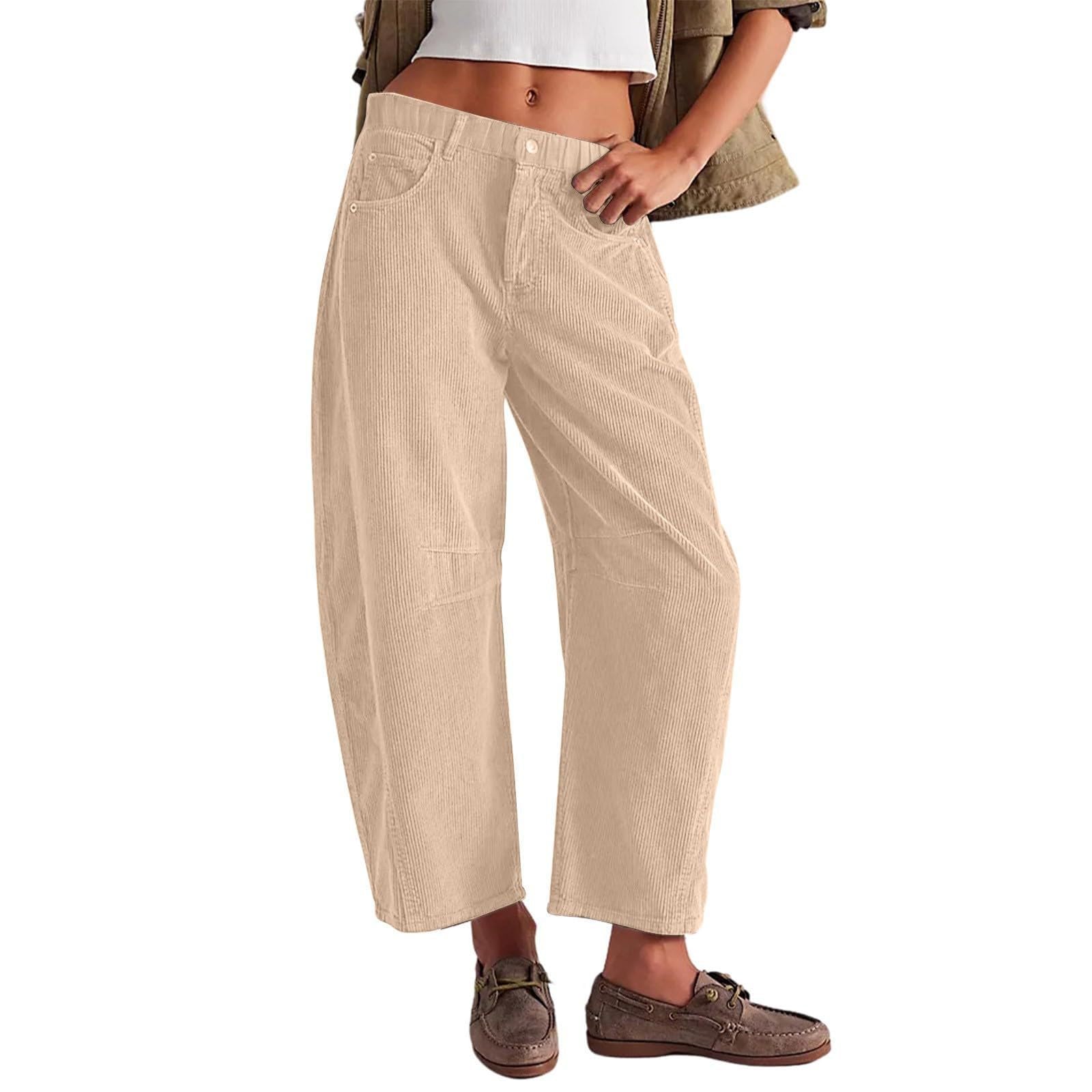 FUNSEED Damen Cordhose mit lockerer Passform, Herbst/Winter, warm, einfarbig, mit Taschen, INS-Stil