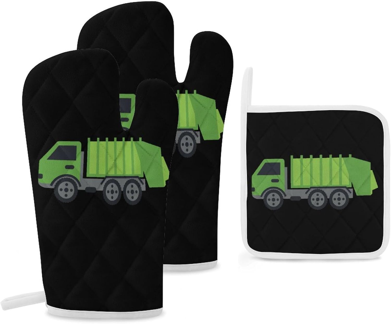 Green Garbage Truck Print Oven Mitts and Pot Holders 3 Piece Sets Heat Resistant Gloves Hot Pads Potholders for Kitchen Baking Cooking