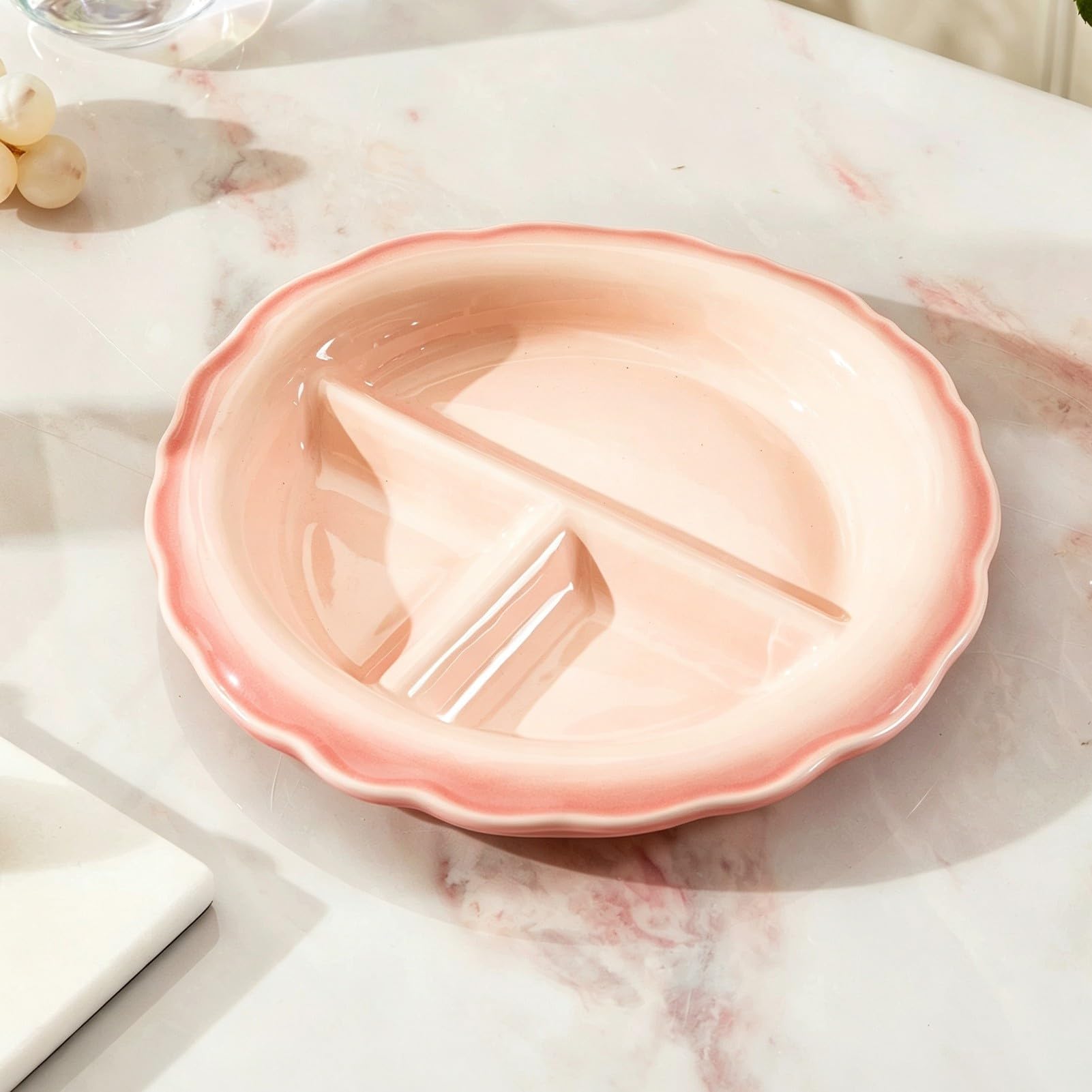 Plats de service de collation ronds, assiettes divisées à 3 compartiments, plateau de service d'apéritif décoratif en céramique 1 pièce