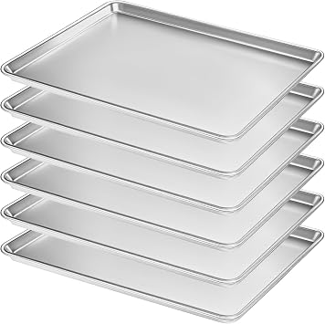 Full Size Commercial Quality Baking Sheet Pan, Bastwe Aluminum Cookie Tray Pan for Oven, Freezer, Bakery, Hotel Restaurant, Thick Steel Rim Prevents Warping 6 Pack, 26 x 18 Inch