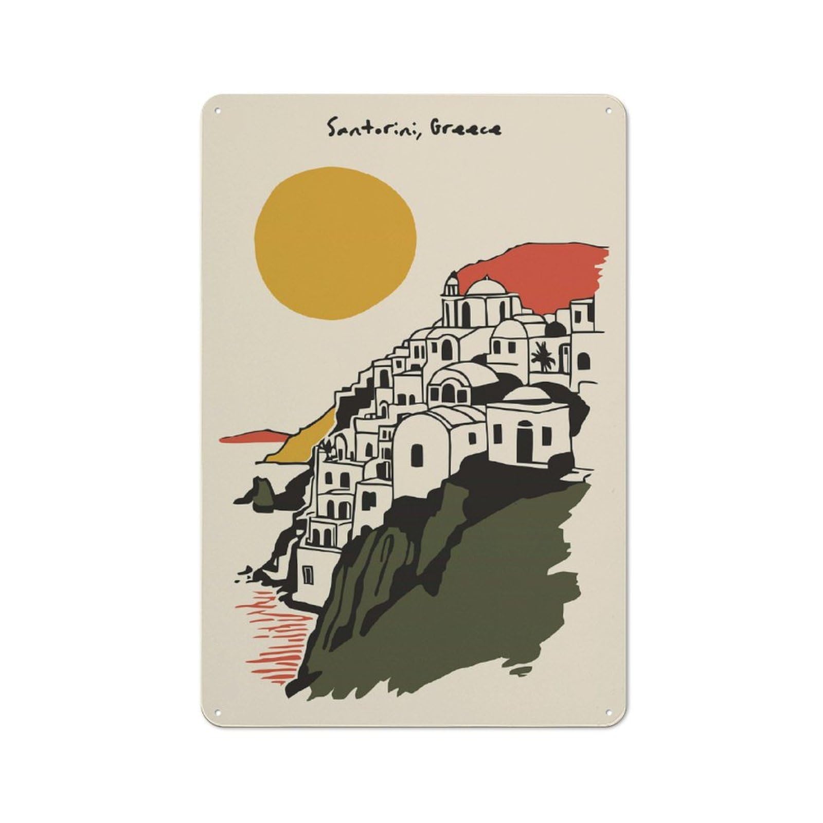 Junmoney Style-4 Loft Style Santorini, Greece Illustration Decorative Metal Plaque 30X20cm, Studio Wall Art For Workspace, Cafe, Hallway Or Garage