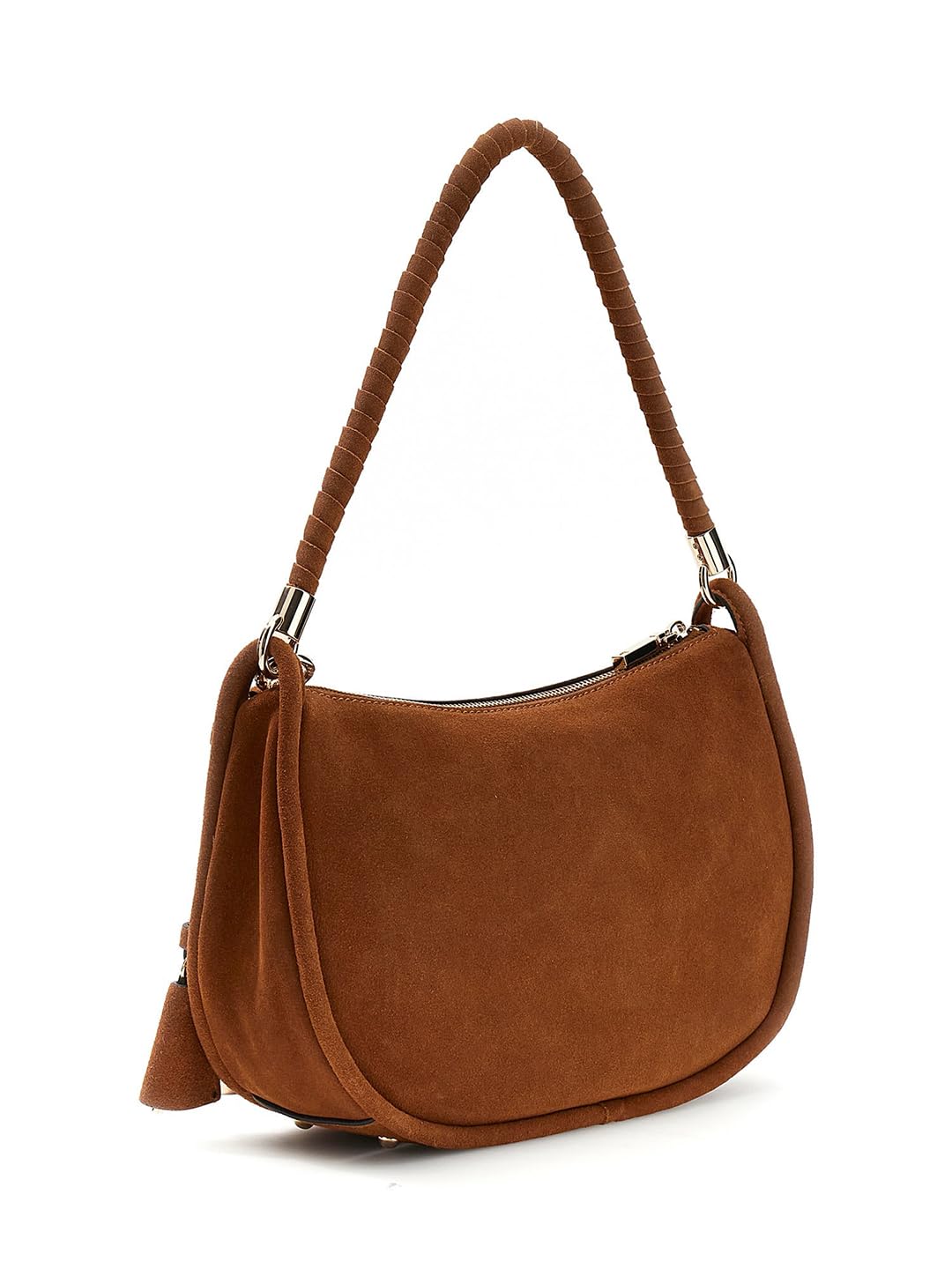 GUESS Brązowa zamszowa torebka hobo z plecionym uchwytem, styl casual z ozdobnym urokiem