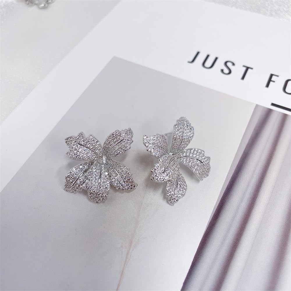 Luxury Big Flower Cubic Zirconia Crystal Statement Stud Dangle Earrings for Women Dainty 925 Sterling Silver Post Diamond Petal Large Flowers Huggie Studs Hypoallergenic Fashion Trendy Jewelry - Image 2