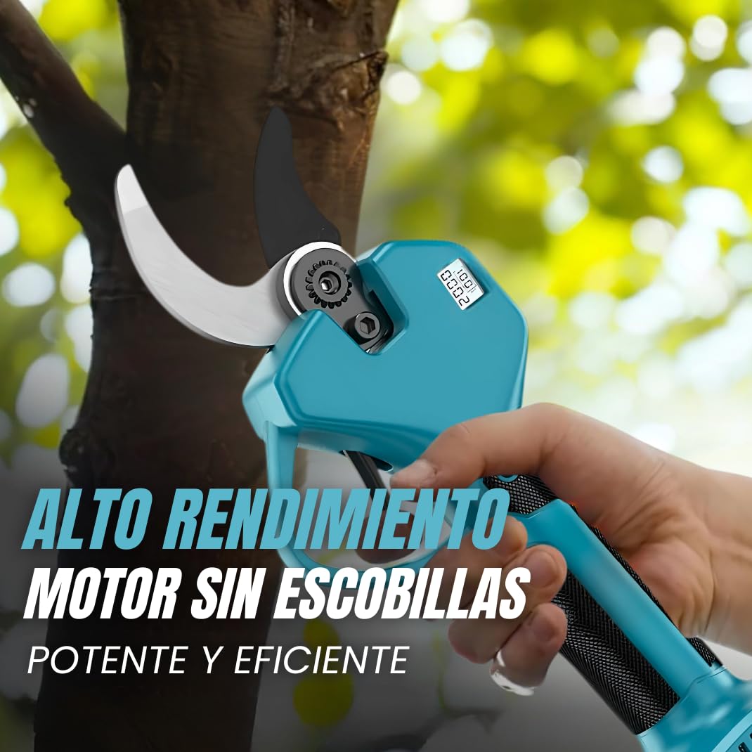 Kit de Poda a Bateria Profesional | Motosierra Lubricada con Depósito de Aceite + Tijeras de Podar Electricas 40 mm | Pertiga Telescopica hasta 4,5 m y Mango de Agarre | Incluye 2 Baterias