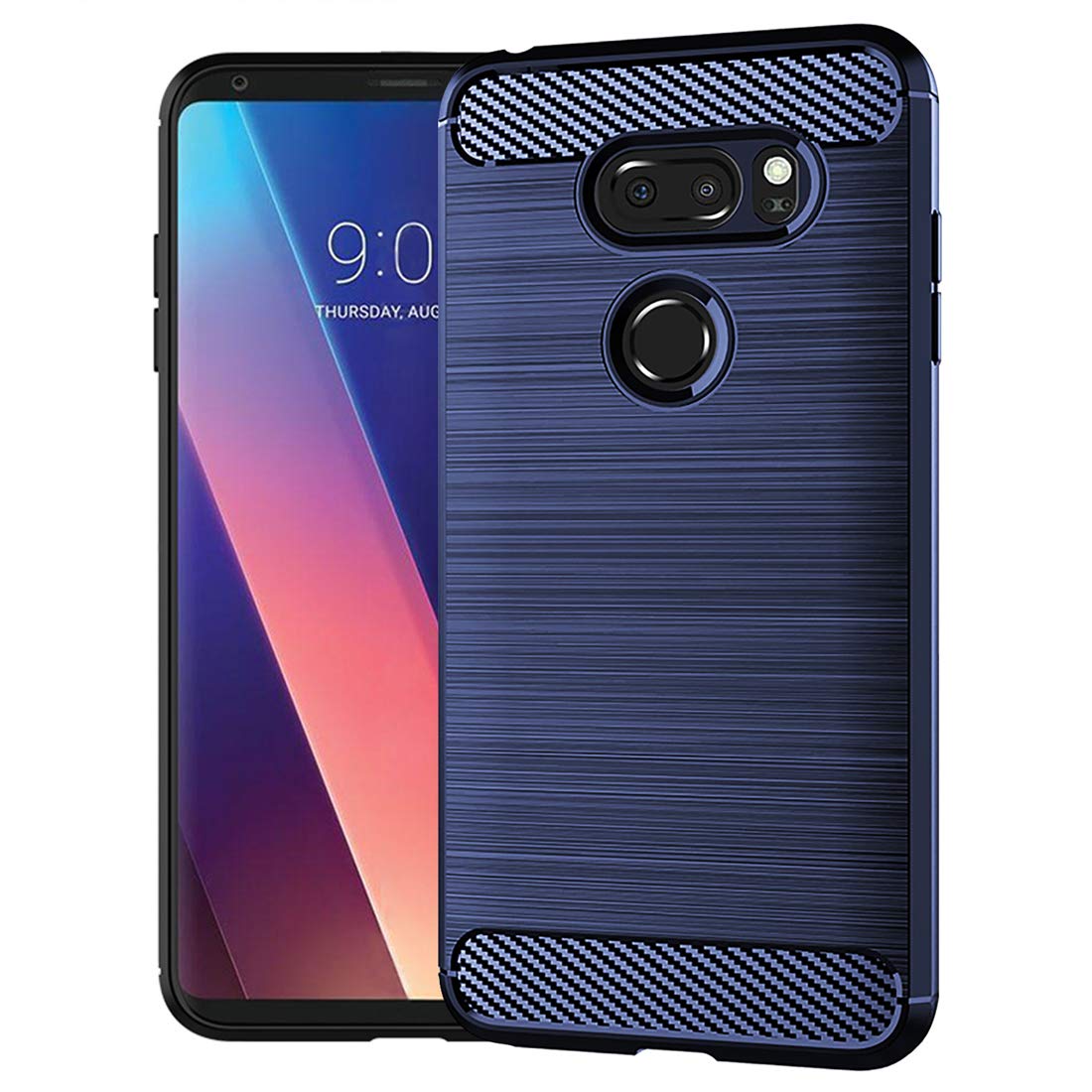 SNOSHO for LG V30 Case,Slim Thin Silicone Soft Flexible TPU Rubber Anti-Scratch Shockproof Carbon Fiber Protective Cover for LG V35,Brushed Blue