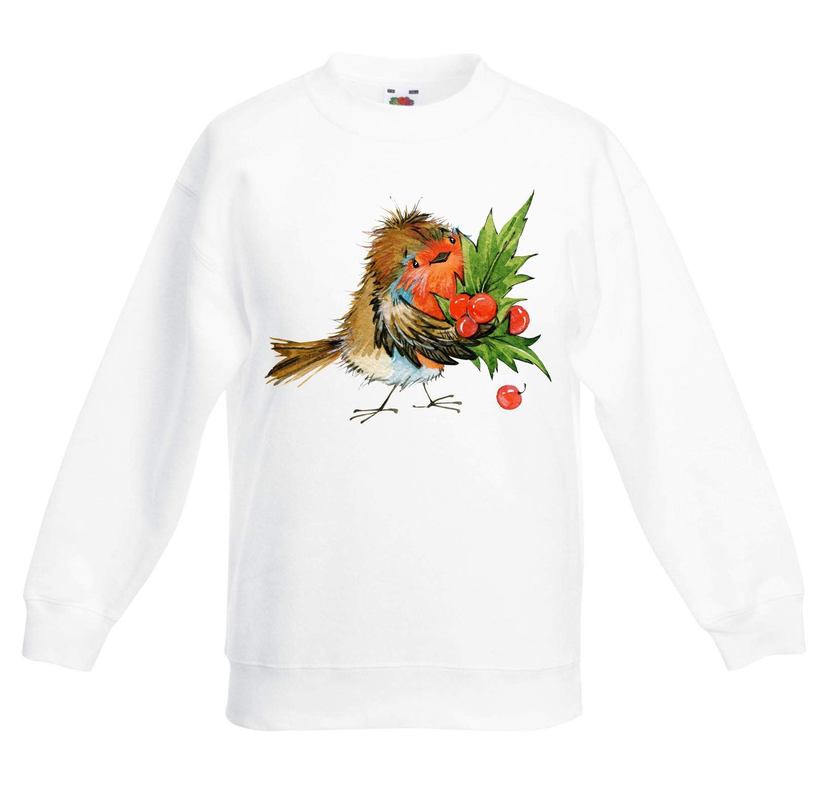 Tribal T-Shirts Christmas Robin with Holly Childrens Kids Sweatshirt Jumper (7 to 8, White)