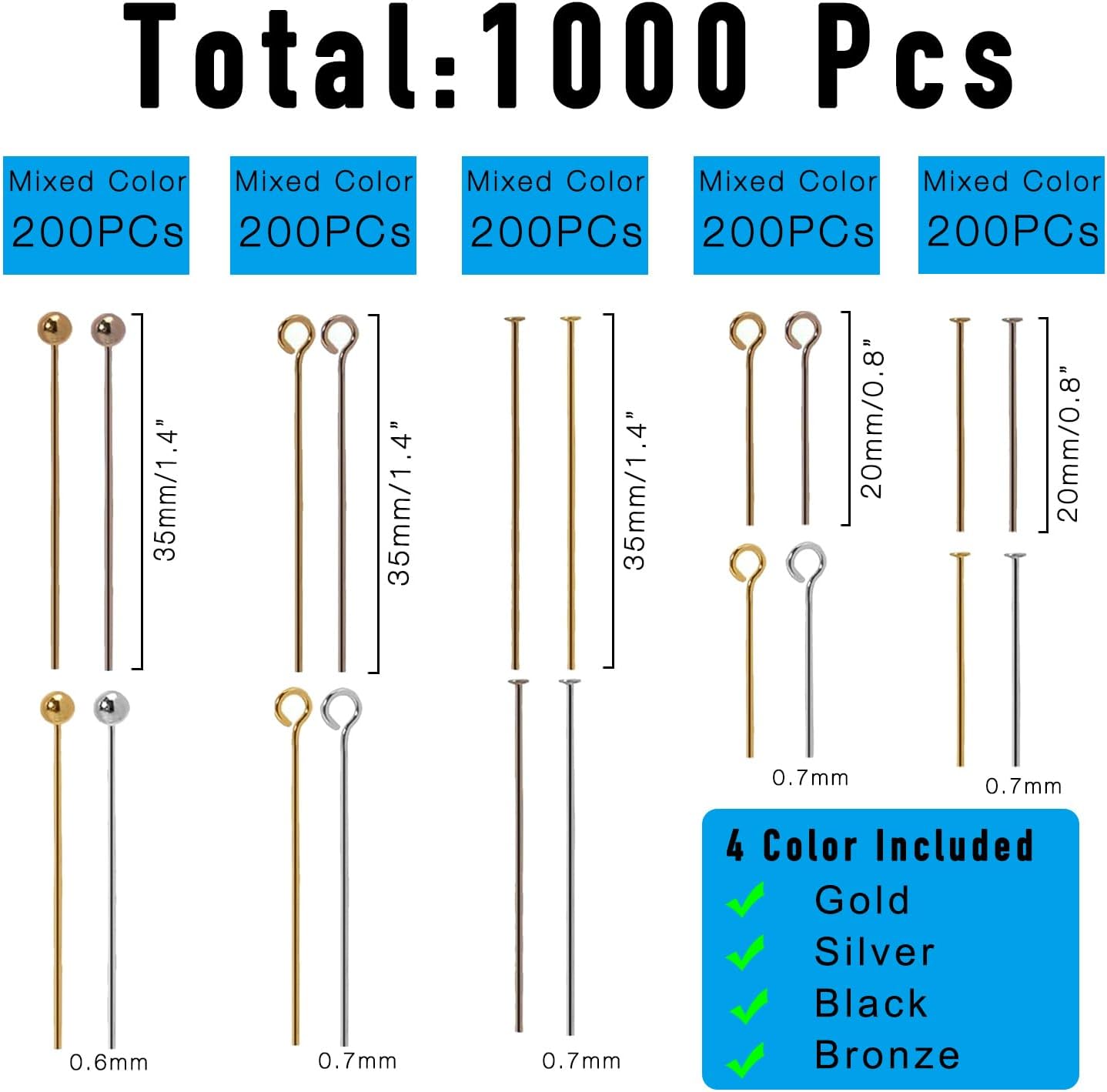 1000 Pieces Jewelry Making Head Pins and Eye Pins Set (Mixed Color) | Straight, Stainless Steel, Mixed Finishes