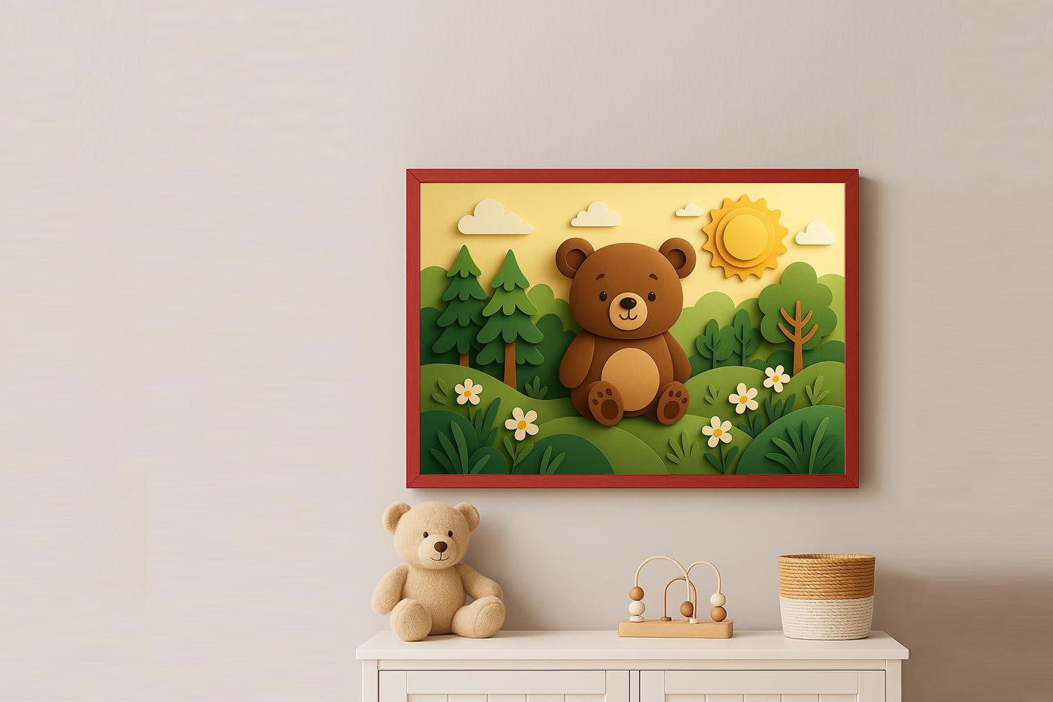 Artefizio Cuadro Infantil Decorativo con Animales, Bastidor Extra Grueso, Lienzo Personalizado con Nombre para Dormitorio de Bebé, Guardería o Aula de Juegos, Made In Italy (Sunny Bear Hills)