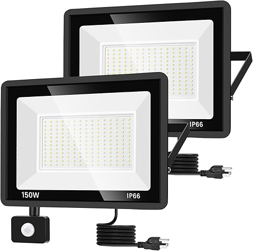 Miniatura 1 de Paquete de 2 luces LED de 150 W con sensor de movimiento, luz de trabajo LED con enchufe, luz diurna de 5000 K, luz blanca súper brillante, IP66,