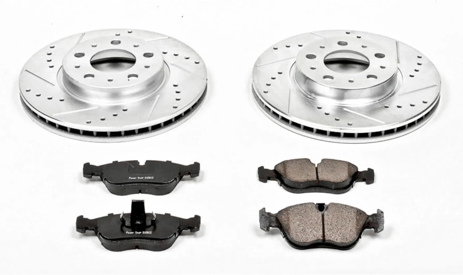 PowerStop Front Brake Kit For Volvo 850 1994-97 |C70 1998-04 |S70 1998-00 |V70 1998-00 - Drilled and Slotted Disc Rotors with Ceramic Brake Pads Replacement, K572