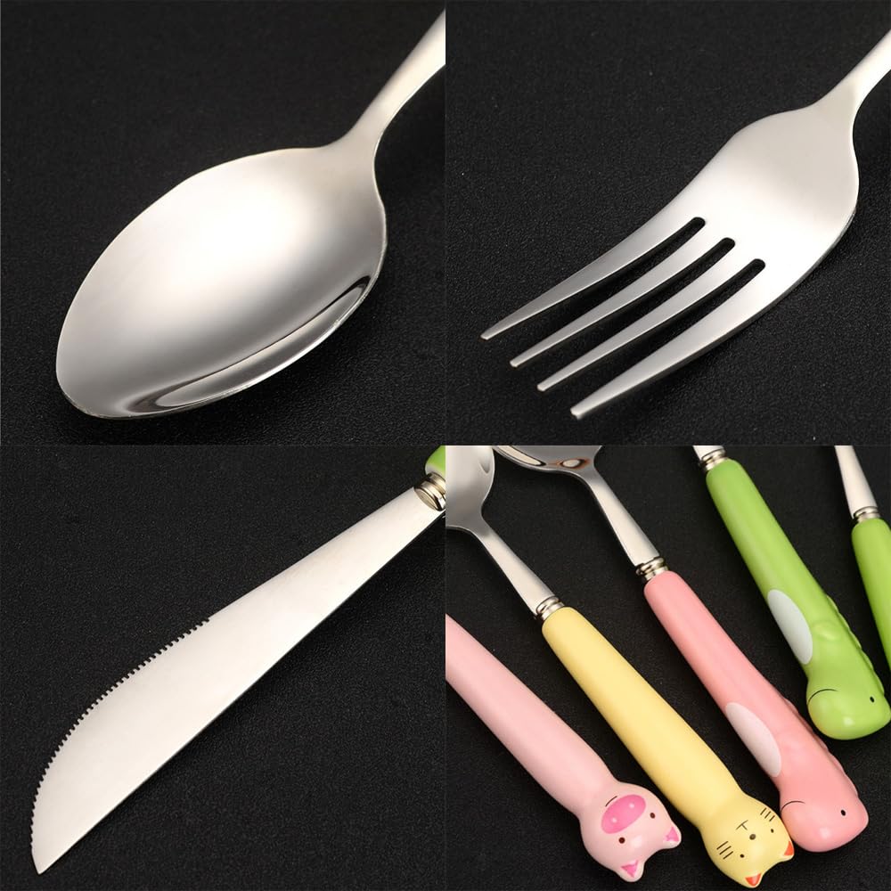 Cartone Animato Animale Ceramica Manico Cucina Acciaio Inox Argenteria Stoviglie Posate Set Bistecca Coltello Forchetta Cucchiaio Cucchiaino (Maiale carino,16 pezzi)