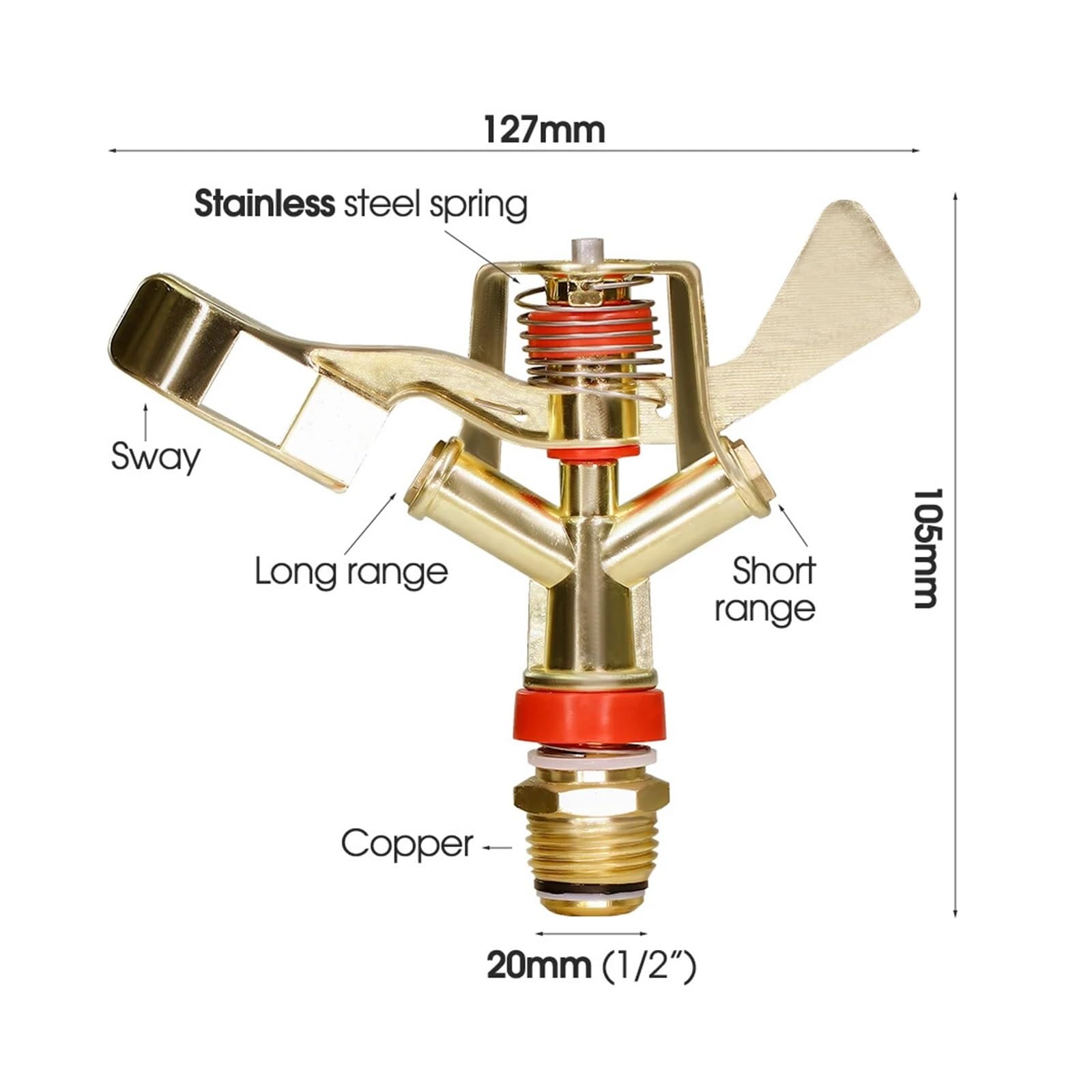 Arroseur pulsé en métal à Filetage mâle 1/2" 3/4" en Alliage de Zinc avec Bras oscillant à 360° for arrosage de serres et Jardins(1PCS-1l2 inch)