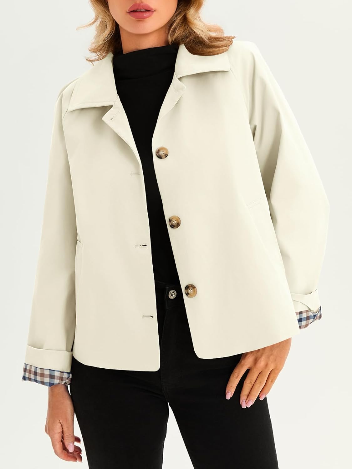 Tankaneo Womens Cropped Trench Coat Lightweight Single Breasted Jacket Fall Windbreaker Fashion Outerwear - Image 4