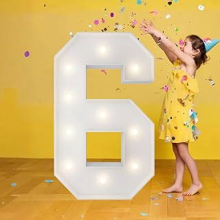 3FT Marquee Numbers, Warm White Light Up Number 6 with Display Board, Balloon Kit Decorations, DIY Pre-Cut Frames for Party, 6th,16th Birthday, Anniversary Decor, 60th,65th Milestones,2026 Graduation Deco, New Year Party Deco