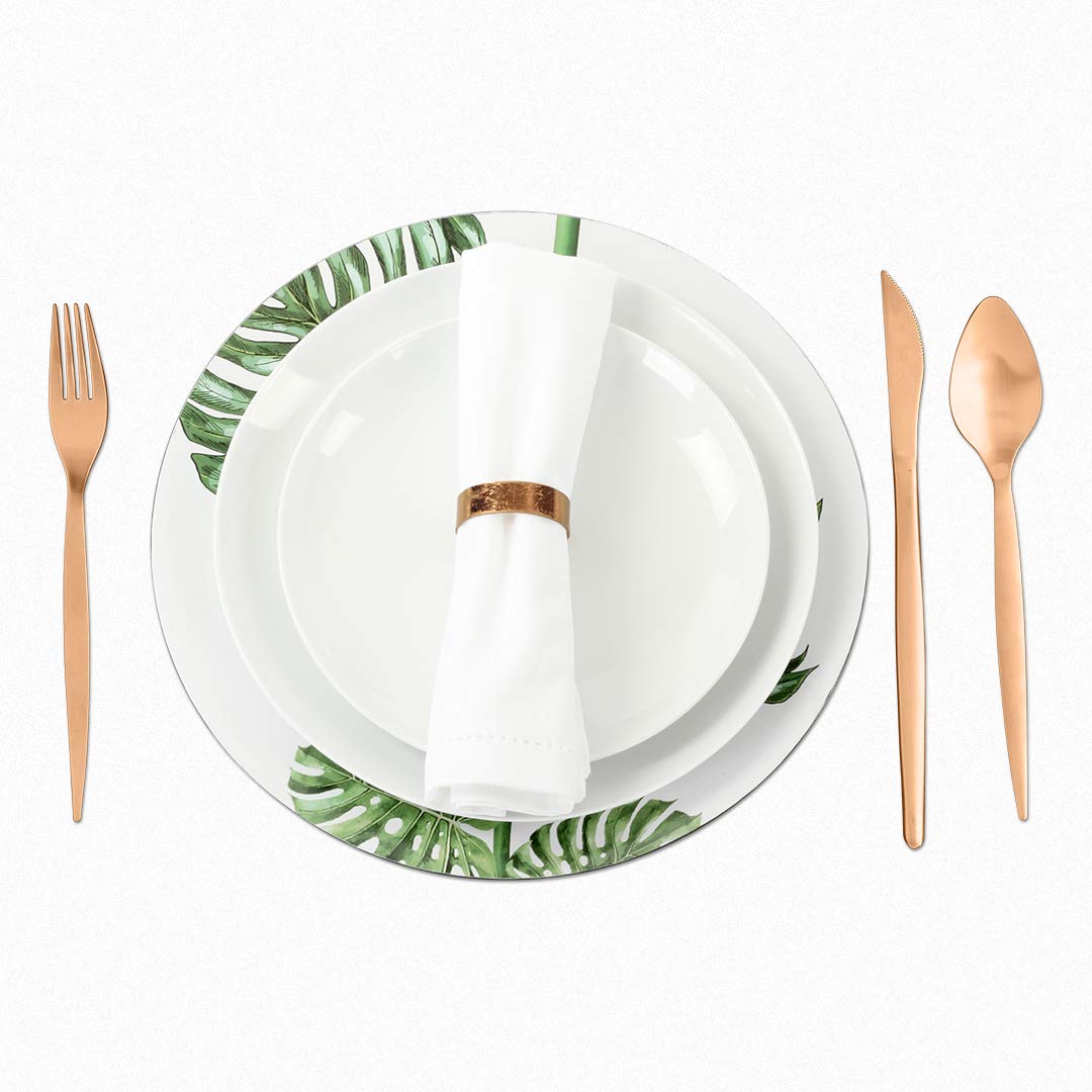 Koyal Wholesale Monstera Tropical Leaf Charger Plates, 4-Pack Palm Leaf Charger Plates, Tropical Leaves Party Plates