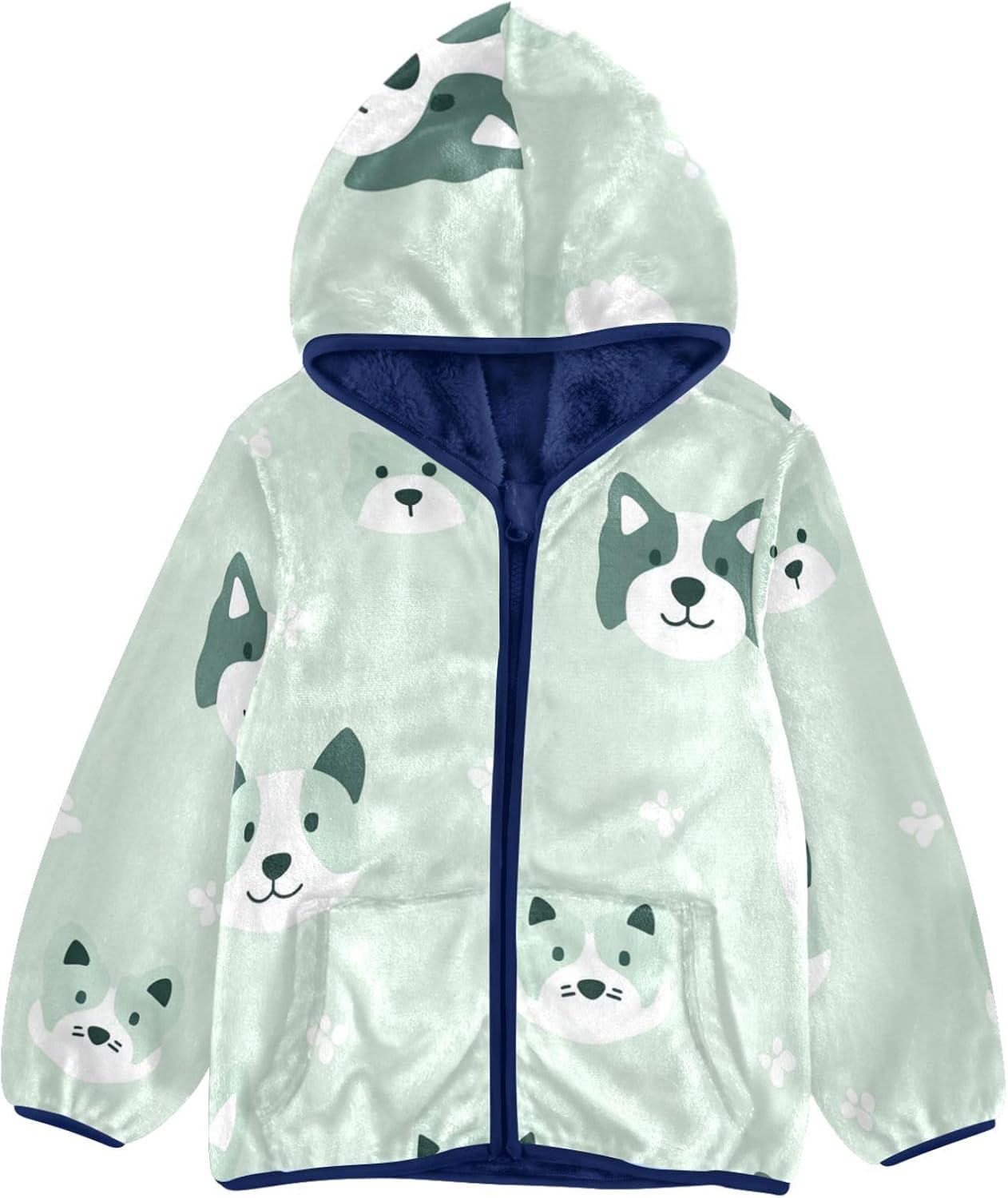 Green Dogs Simple Cartoon Light Jackets Toddler Children Plush Outerwear Navy Blue Baby Boy Zipper Hoodie