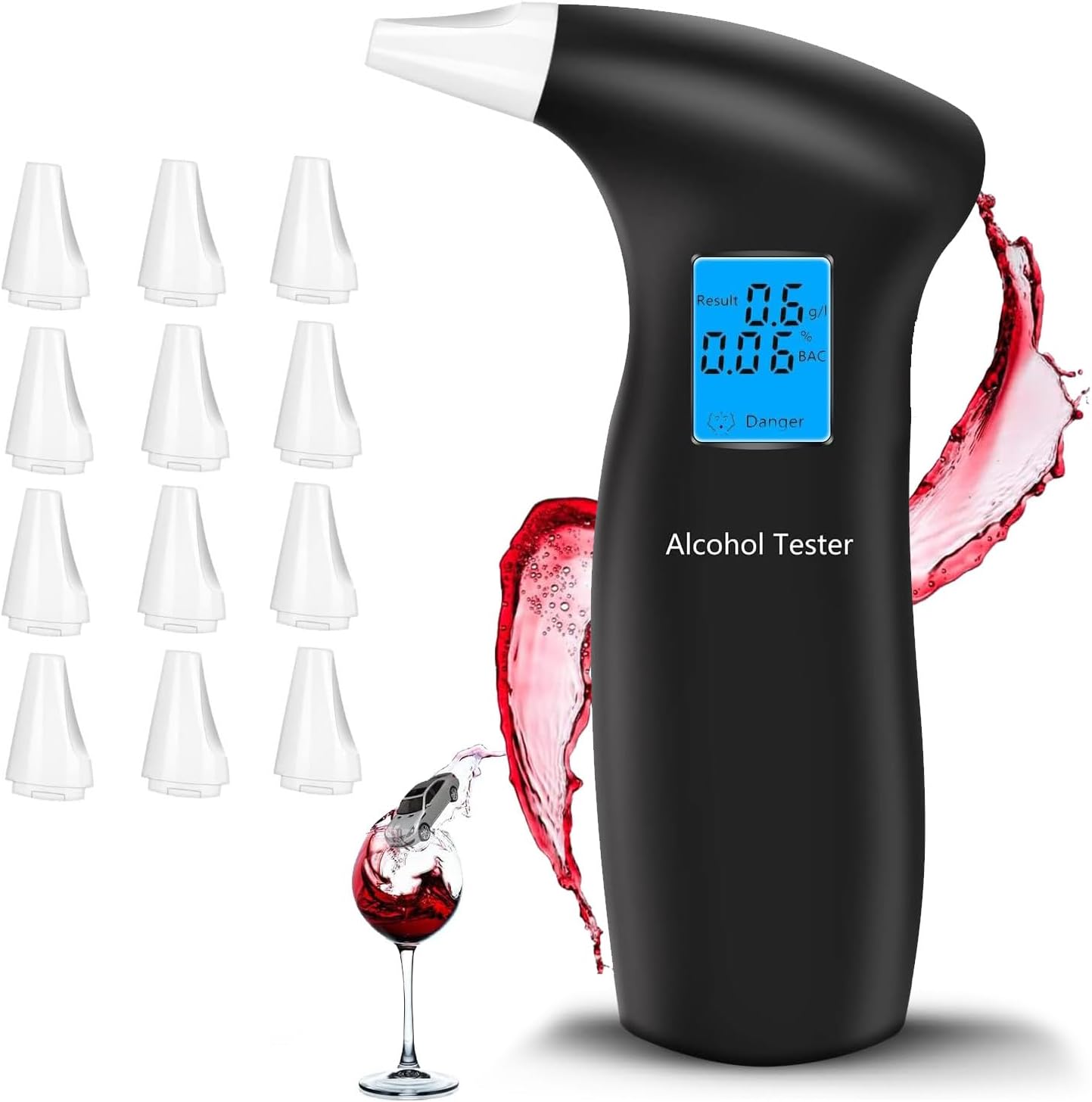 Breathalyzer with LCD Digital Display, Portable Alcohol Tester Includes 12 Reusable Mouthpieces(Blue)