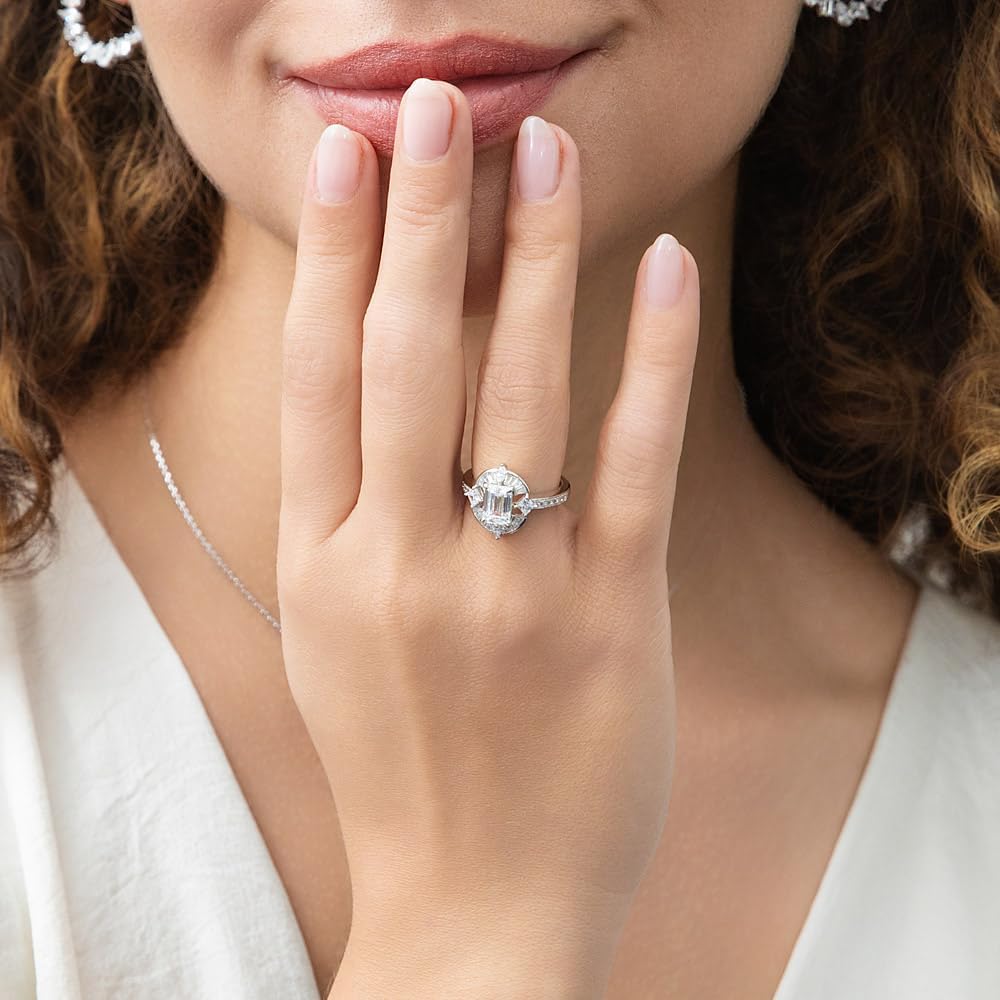 BERRICLE Sterling Silver CZ Art Deco Halo Statement Cocktail Ring for Women, Emerald Cut Cubic Zirconia - Clear, Garnet Red Colors - Image 5