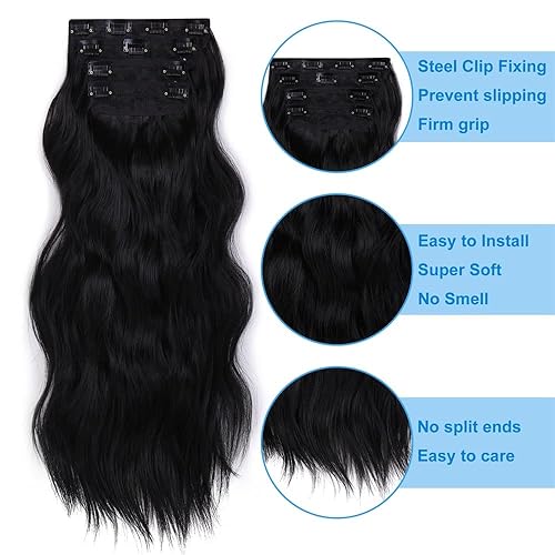 Miniatura 3 de Extensiones de cabello con clip, 4 piezas, rizadas, largas, onduladas, gruesas, de cabeza completa, extensiones de cabello sintético de doble trama,