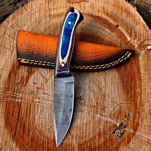HUNTLUX Handmade 8" Fixed Blade Knife with Sheath, Damascus Steel Bushcraft Knife with Wood Handle for EDC and Outdoor Camping