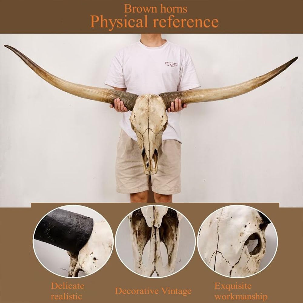 70 Pollici-Decorazione da Parete con Corna Lunghe, Decorazione della Parete Longhorn Skull 70 Pollici, Corna Lunghe Bisonte Sculture Testa in Finta Tassidermia,Placca Muro Artigianato Black