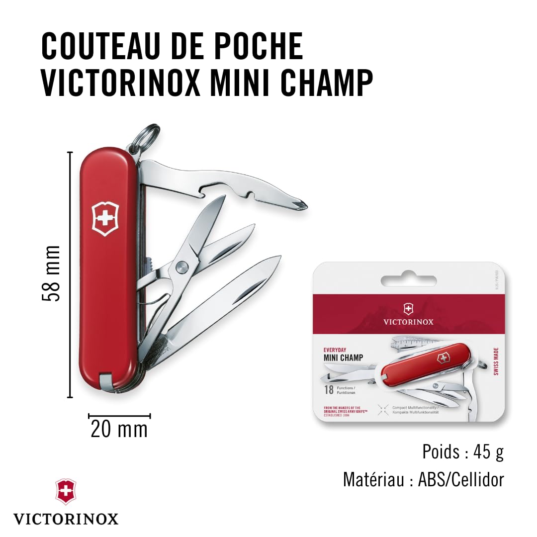 Victorinox Mini Champ Petit Couteau de Poche Suisse, Léger, Multitool, 18 Fonctions, Ciseaux