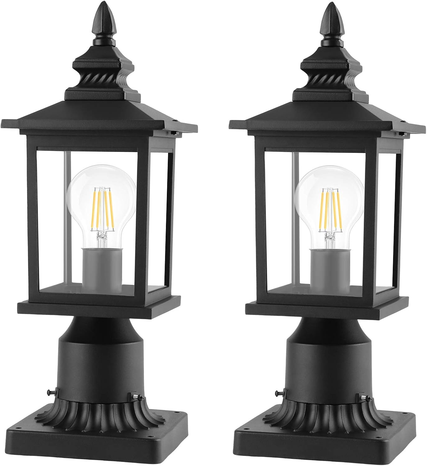 PARTPHONER 2 Pack Outdoor Post Lights with Pier Mount Base, Waterproof Outside Pole Lantern Light Fixture, Exterior Lamp Post Lantern Head with Clear Glass Panels for Garden, Patio, Pathway (6 Inch)