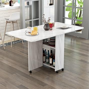 Folding Dining Table Set for 4 People, Telescopic, Width 47.2 inches 120 cm, White - Compact, Space-Saving, Finished Product, No Assembly Required, Casters & Storage Shelf, Suitable for