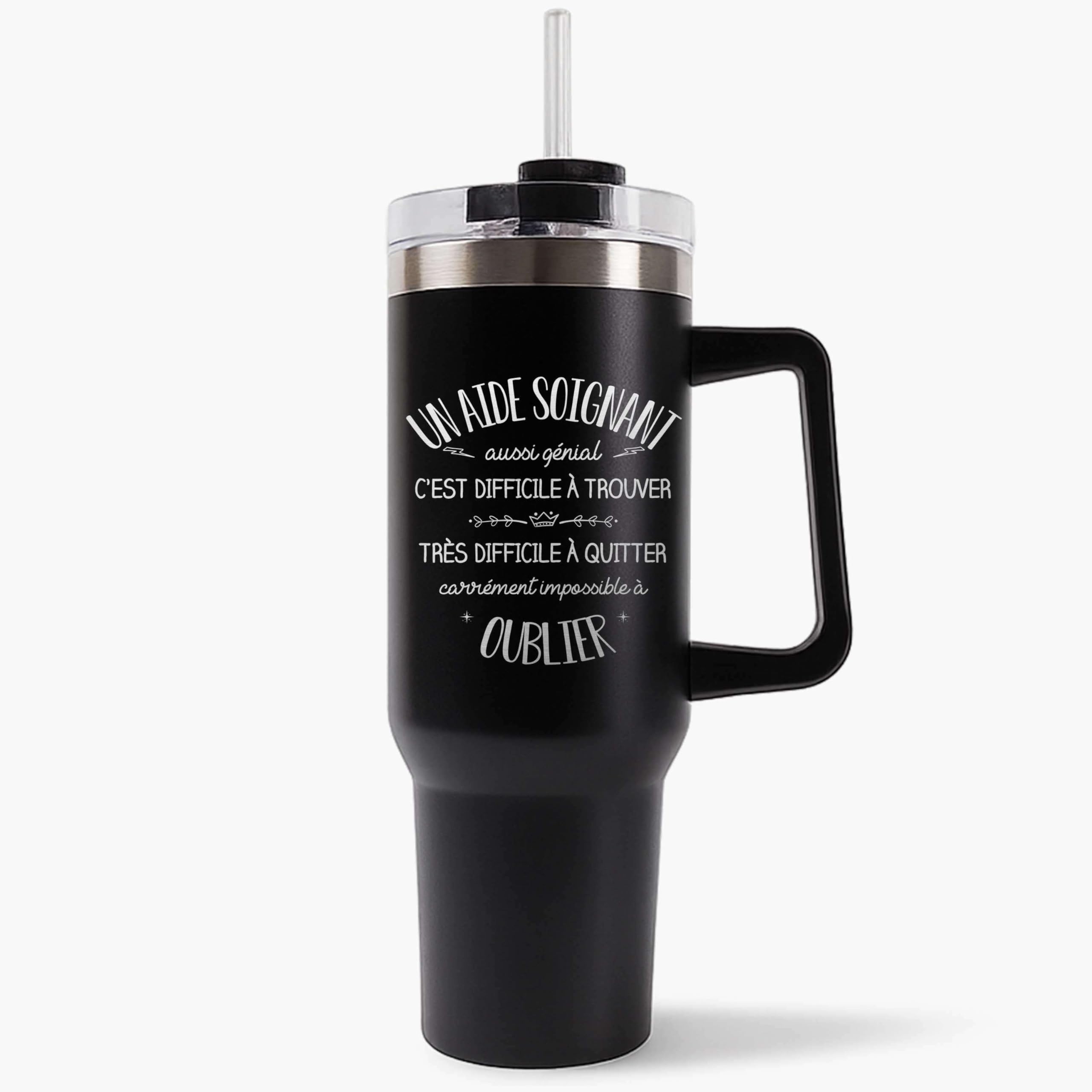 Planetee Mug Isotherme 1,2L - Un Aide Soignant aussi génial – Bouteille avec Anse, Paille et Couvercle – Idée Cadeau Gourde Personnalisée Noir