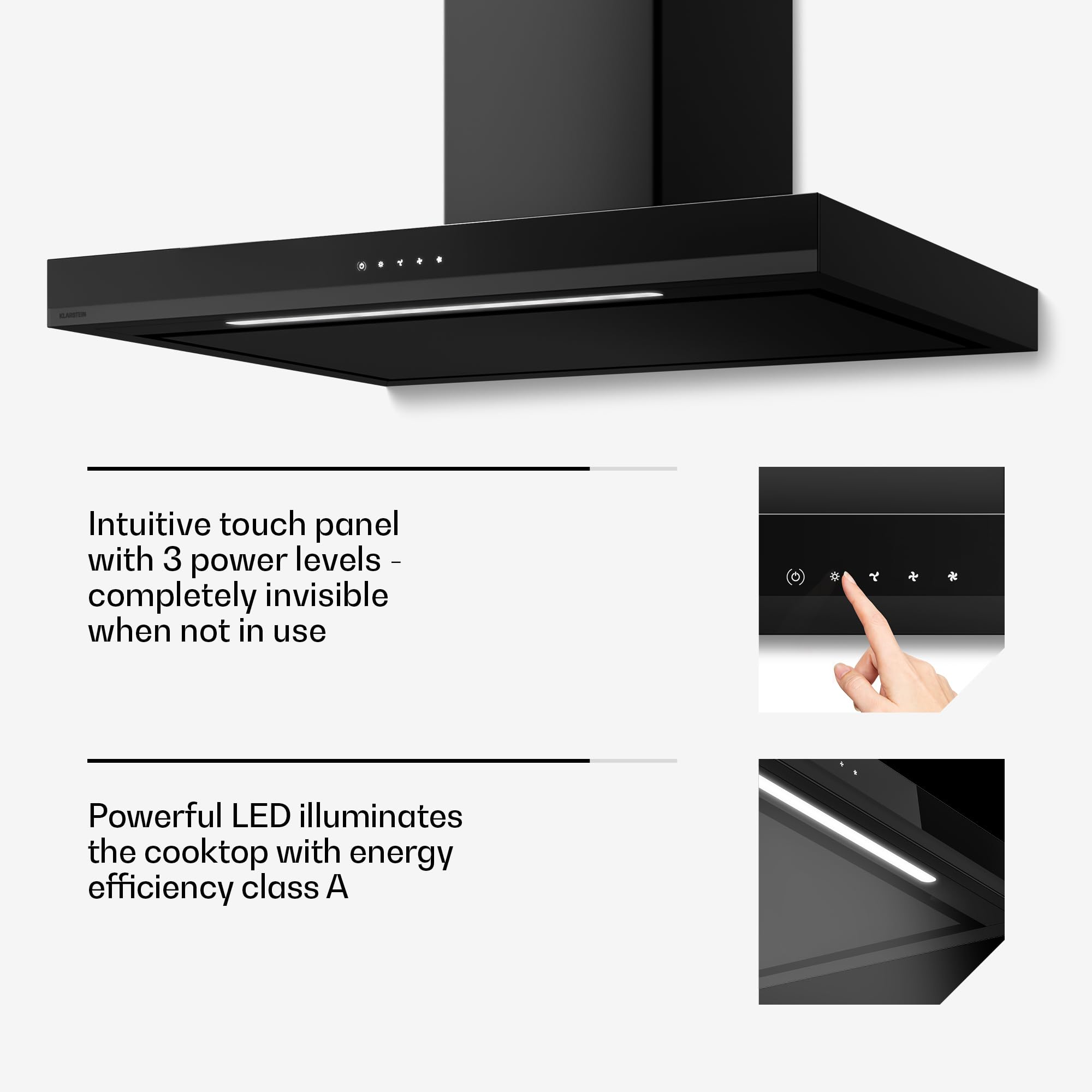 Klarstein Okap, Velaire 90 cm – efektywność energetyczna A++, 595 m³/h, sterowanie dotykowe, dioda LED, cichy, okap ścienny, aluminium i filtr z węglem aktywnym, czarny