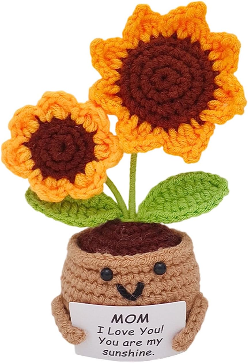 Positive Sunflower Crochet Plant with Card, Handmade Emotional Support Plush, Thank You Gifts for Mom, Christmas, Mother’s Day, Birthday Inspirational Gift for Mother