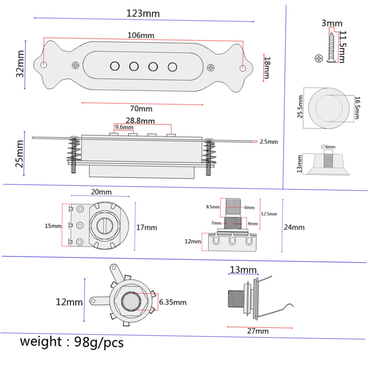 HEMOTON 3stücke Pre String Electric Cigar Box Guitar Soundhole Pickup Mit Lautstärke Und Tonregler Schwarz Geeignet Für Akustik Gitarren
