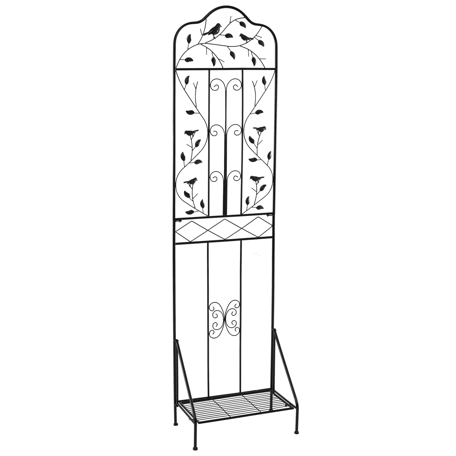TANGZON 1.9M Tall Garden Trellis, 1/2 Pack Heavy Duty Metal Frame Panels with Foldable Shelf, Anti-Tipping Device & Ground Stakes, Decorative Trellis Panels Climbing Plant Support Stand (1PCS, Black)