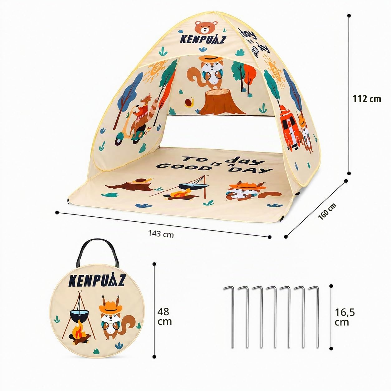 Grande Tente de Plage Pop Up 143x160x120cm – Abri Soleil Anti UV UPF50+ | Protection Enfant & Bébé – Respirant & Imperméable, Portable avec Sac de Rangement et Piquets, Motifs Animaux, Beige