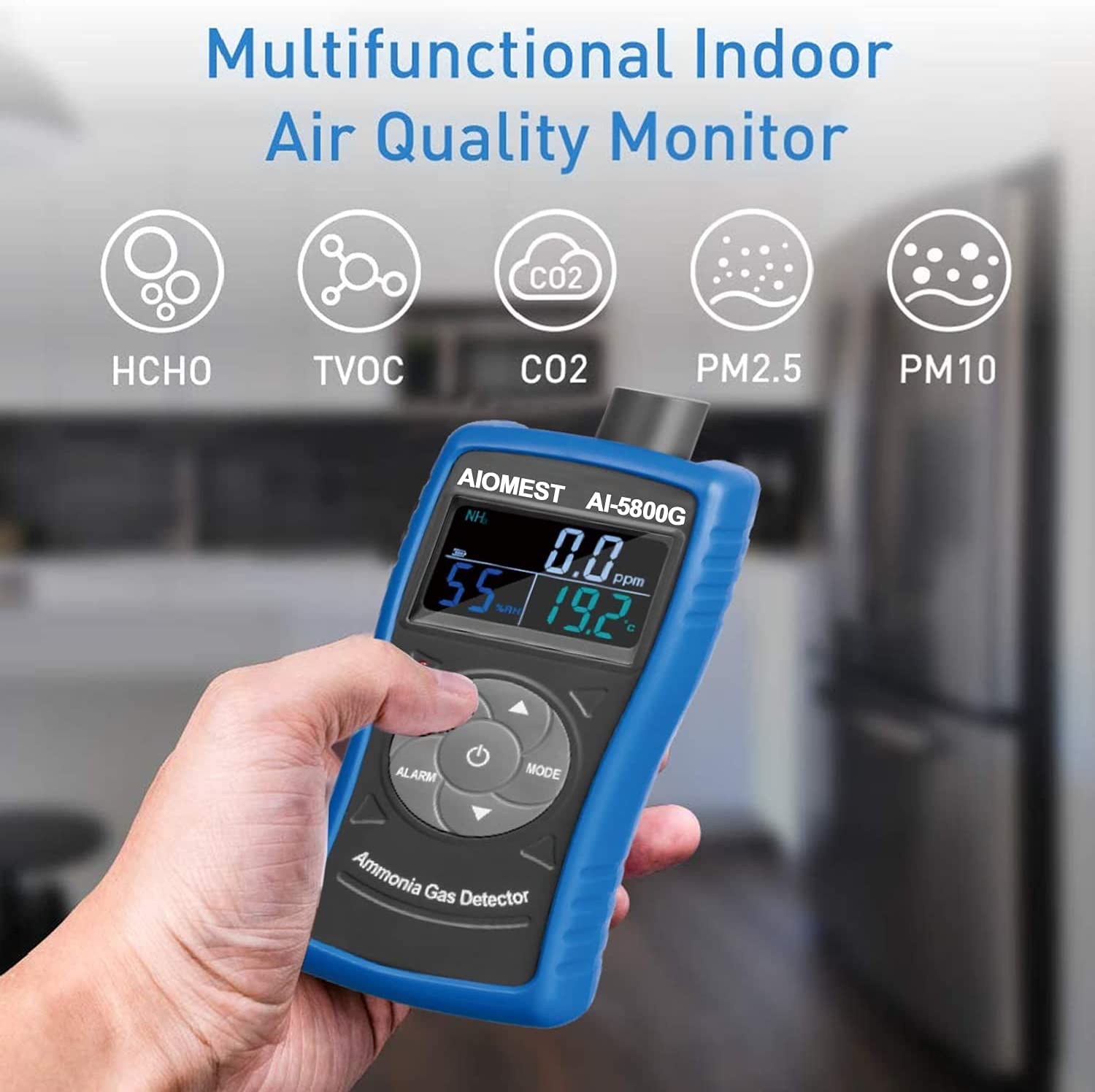 Rilevatore Gas Ammoniaca AIOMEST AI-5800G con Allarme | Misuratore 0-100 ppm Amoniaca, Umidità e Temperatura | per Pollai, Cantina e Ambienti Industriali