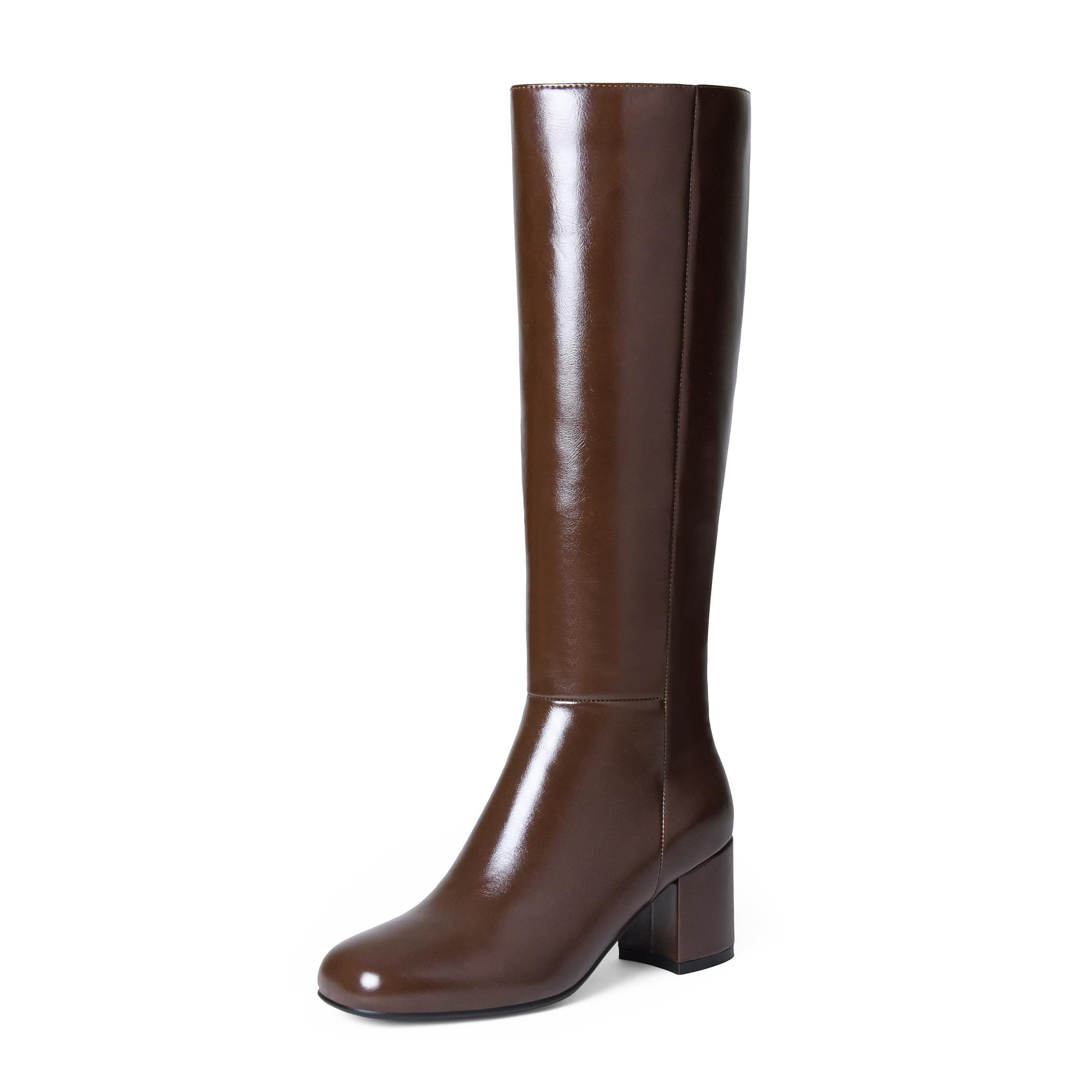 iiimmu Knee High Boots for Women Round Toe Chunky Heel 2 5 IN Tall Boots Side Zip Faux