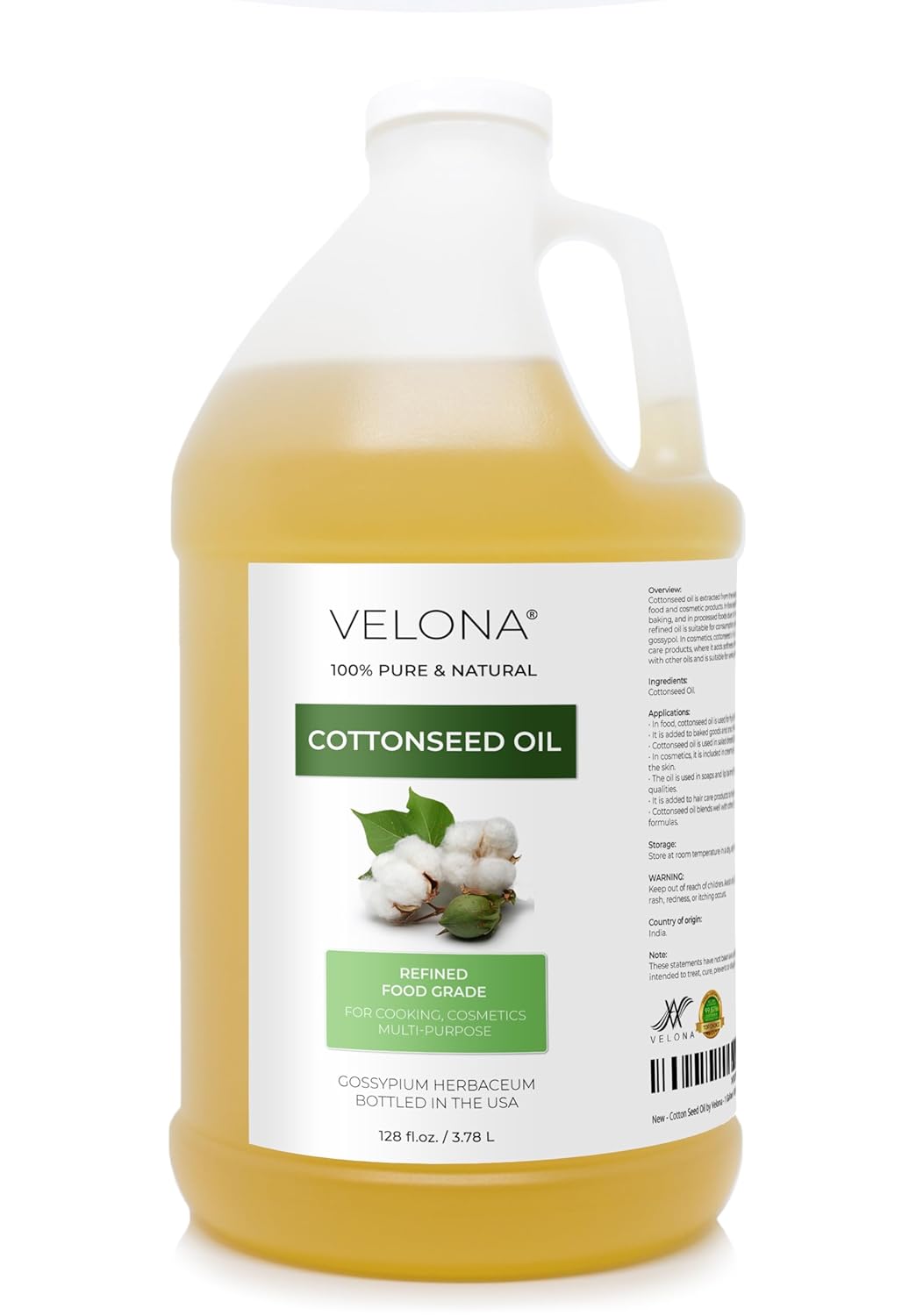Cotton Seed Oil by Velona - 1 Gallon / 128 Fl Oz | 100% Pure and Natural Carrier Oil | Refined, Cold pressed | Cooking, Skin, Face, Body, Hair Care | Use Today - Enjoy Results