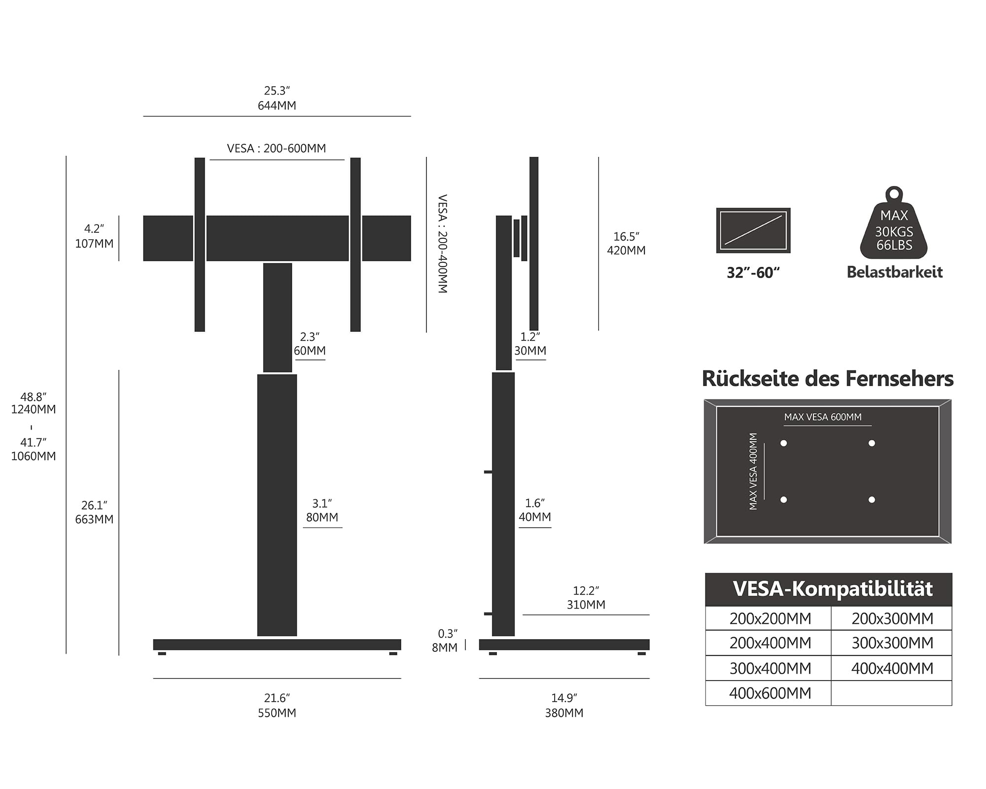 FITUEYES TV Ständer mit Glasboden für 32-60 Zoll Fernseher, Höhenverstellbarer TV Standfuss bis zu 30 KG, Max. VESA 600 x 400mm, Weiß