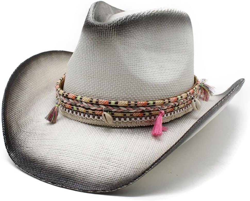 Western Cowboy Hat with Decorative Band, Brown Woven Straw, Shell and Tassel Trim