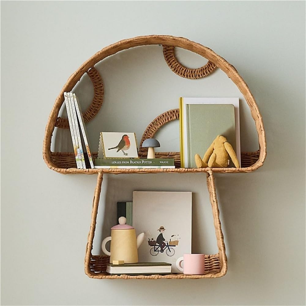 Modern Mushroom-Shaped Rattan Wall Shelf, 2-Tier Wall-Mounte Hand-Woven Floating Shelves with Metal Frame, Hanging Rattan Decor for Living Room, Bedroom